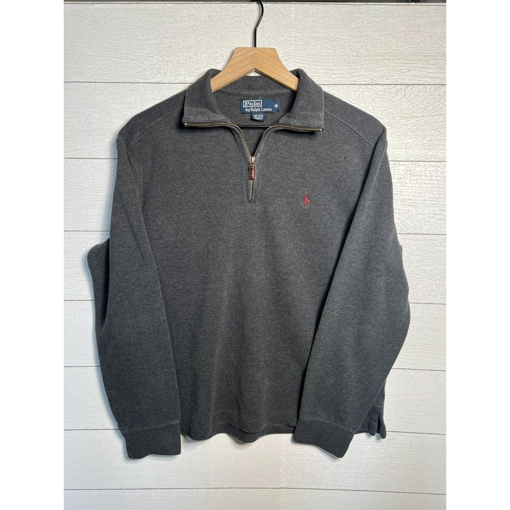 Polo Ralph Lauren Mens M Grey 1/4 Zip Sweater Preppy Y2K Old Money Red Pony